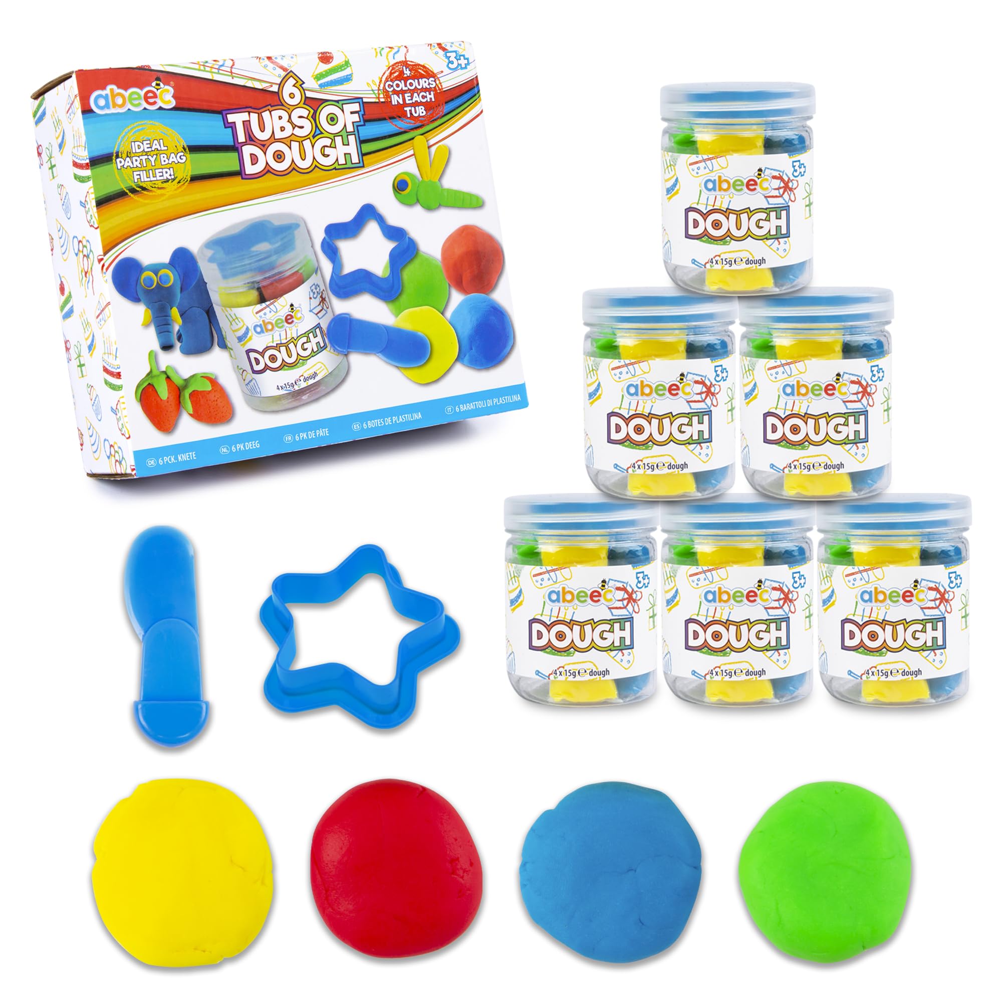 abeec 6 Mini Tubs of Modelling Dough – Creative Kids Party Bag Fillers with Dough Tools – Perfect for Party Favours and Pass the Parcel Gifts