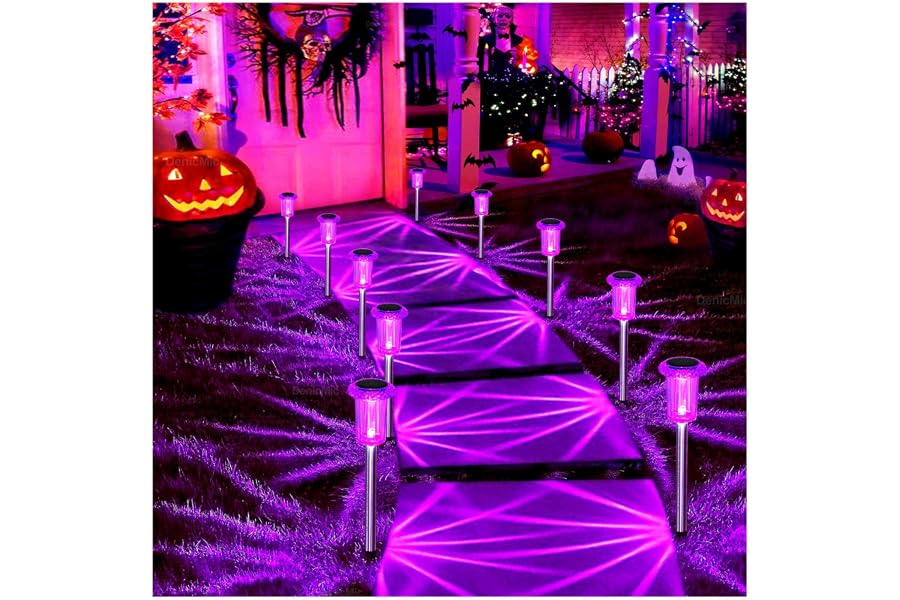 DenicMic Solar Halloween Lights Outdoor Waterproof 10 Pack Halloween Decor | Stake Lights for Yard Pathway Garden Patio Lawn Walkway Driveway, Auto On/Off Purple LED Halloween Decorations Outdoor