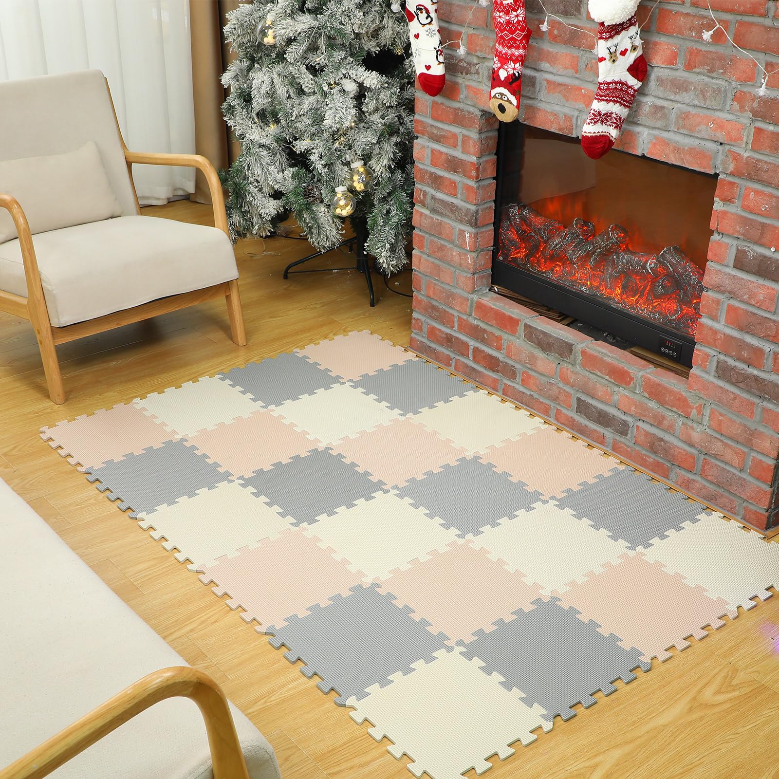 Nuanchu 60 Pcs Kids Foam Puzzle Floor Mat Bulk Solid Color Foam Play Mat with Borders Interlocking Multi Use Floor Rug for Baby Toddler Children Crawling Exercise Playroom 12 inch (White, Cream, Gray)