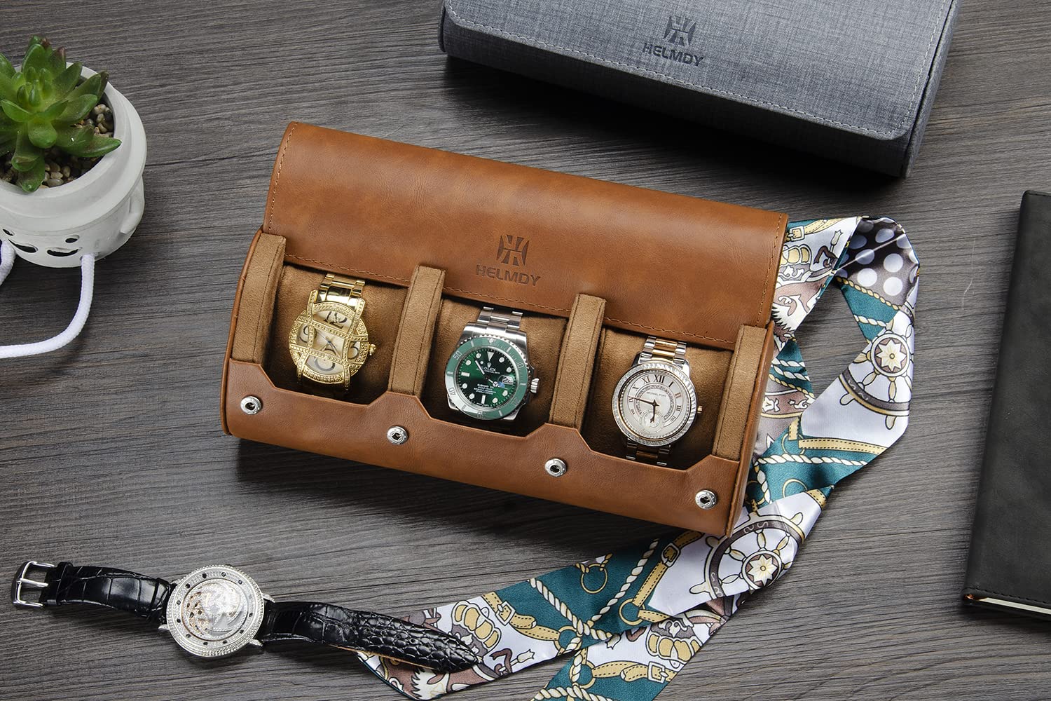 Watch Travel Case for Men: 3 Slot Watch Box Organizer Display Case - Portable Watch Storage & Travel Case - Watch Roll Fits All Wrist Watches & Smart Watches Up to 50mm (Black)