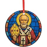 St. Nicholas Bishop Stained-Glass Style Acrylic Ornament - Traditional Catholic & Christian Christmas Decor - Church, Religious Decorative Hanging Ornaments for Tree
