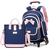 MITOWERMI Rolling Backpack for Girls 3Pcs Elementary School Bag Cute Bowknot Backpack with Wheels Girls Bookbags with Handbag Trolley Bags Kids Carry-On Luggage