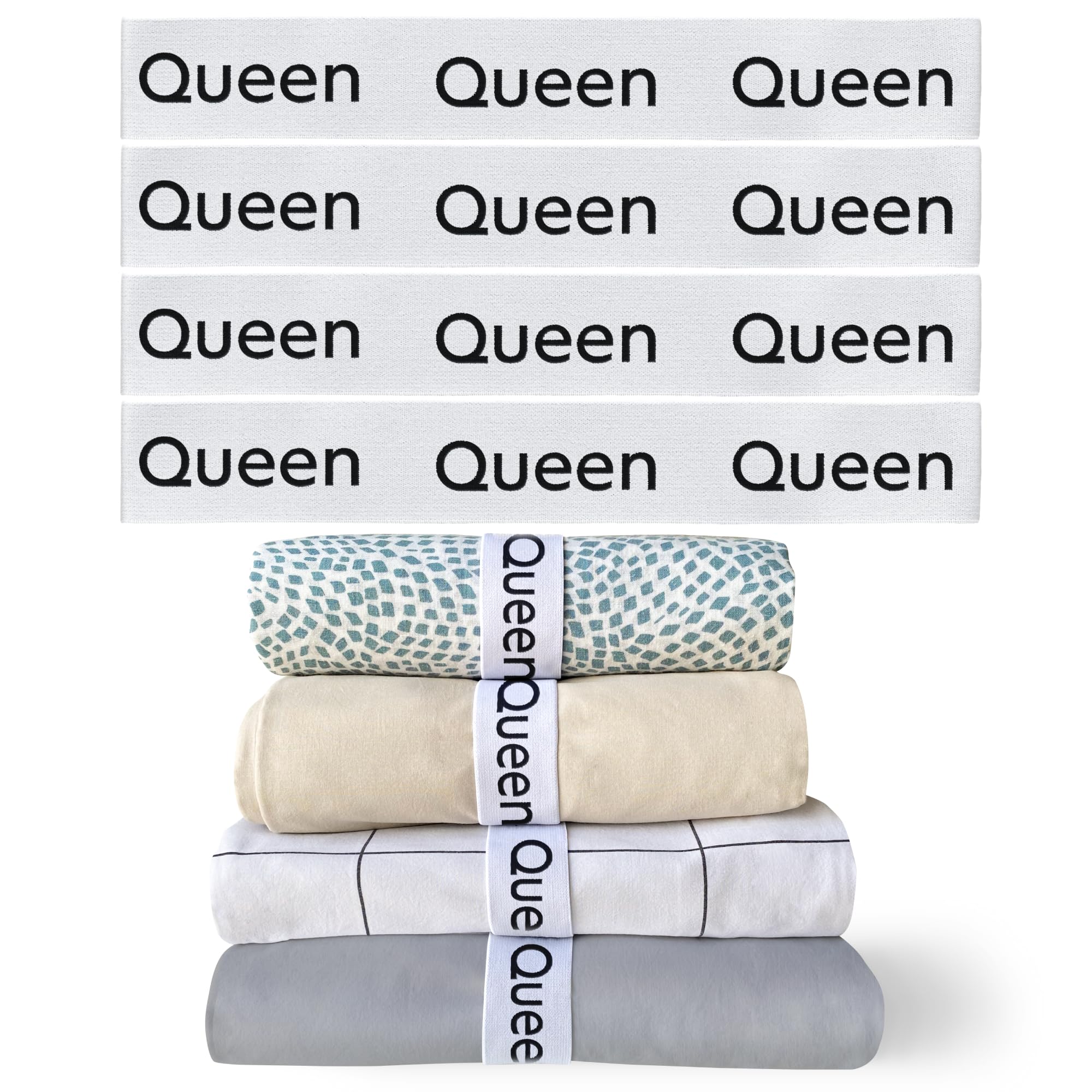 Photo 1 of Niagara 4 Pack Bed Sheet Organizer and Storage Label Bands - Fully Elastic Stretchable Linen Closet Organizers and Storage - Bed Sheet Organizer Bands for Bed Sheets, Duvets, Quilts, Linen (Queen)