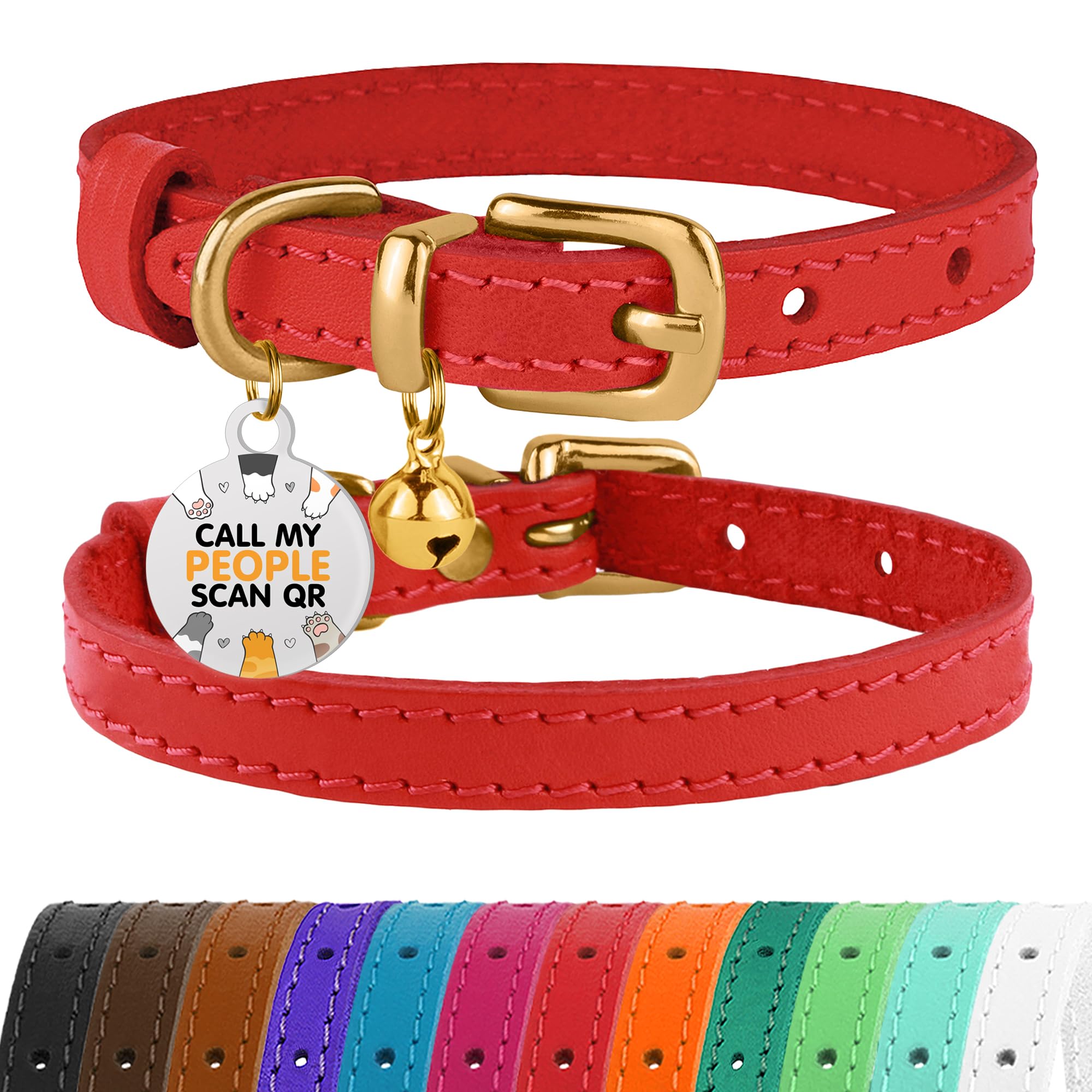 BRONZEDOG Leather Cat Collar with Removable QR-ID Tag – Kitten Collar with Bells, Non-Breakaway, for Girls & Boys (23-28 cm, Red & Gold) — image 1