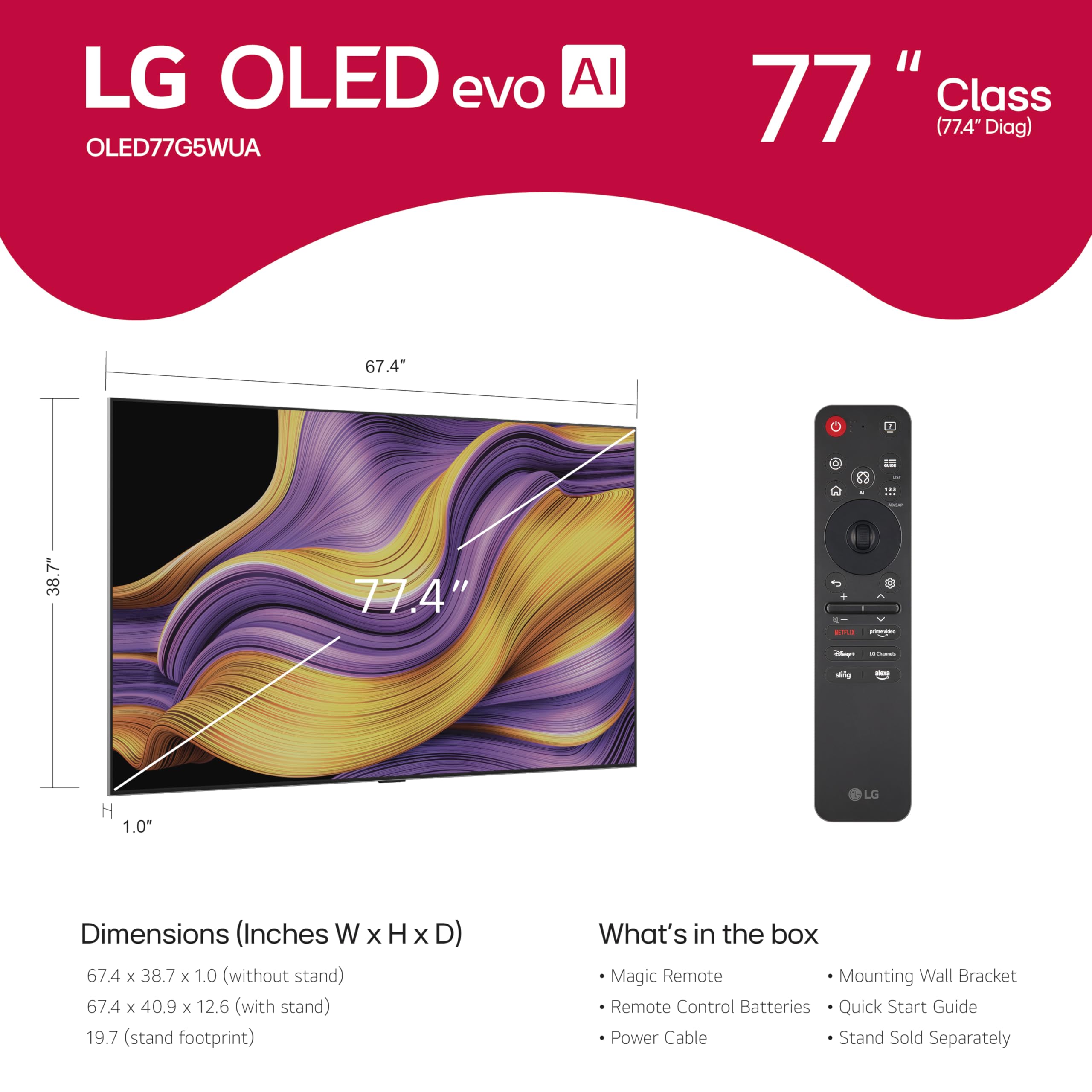 LG 77-Inch Class OLED evo AI 4K G5 Series Smart TV w/Dolby Atmos, Dolby Vision, HDR10, AI Super Upscaling 4K, Filmmaker Mode, Wow Orchestra, Alexa Built-in (OLED77G5WUA, 2025)