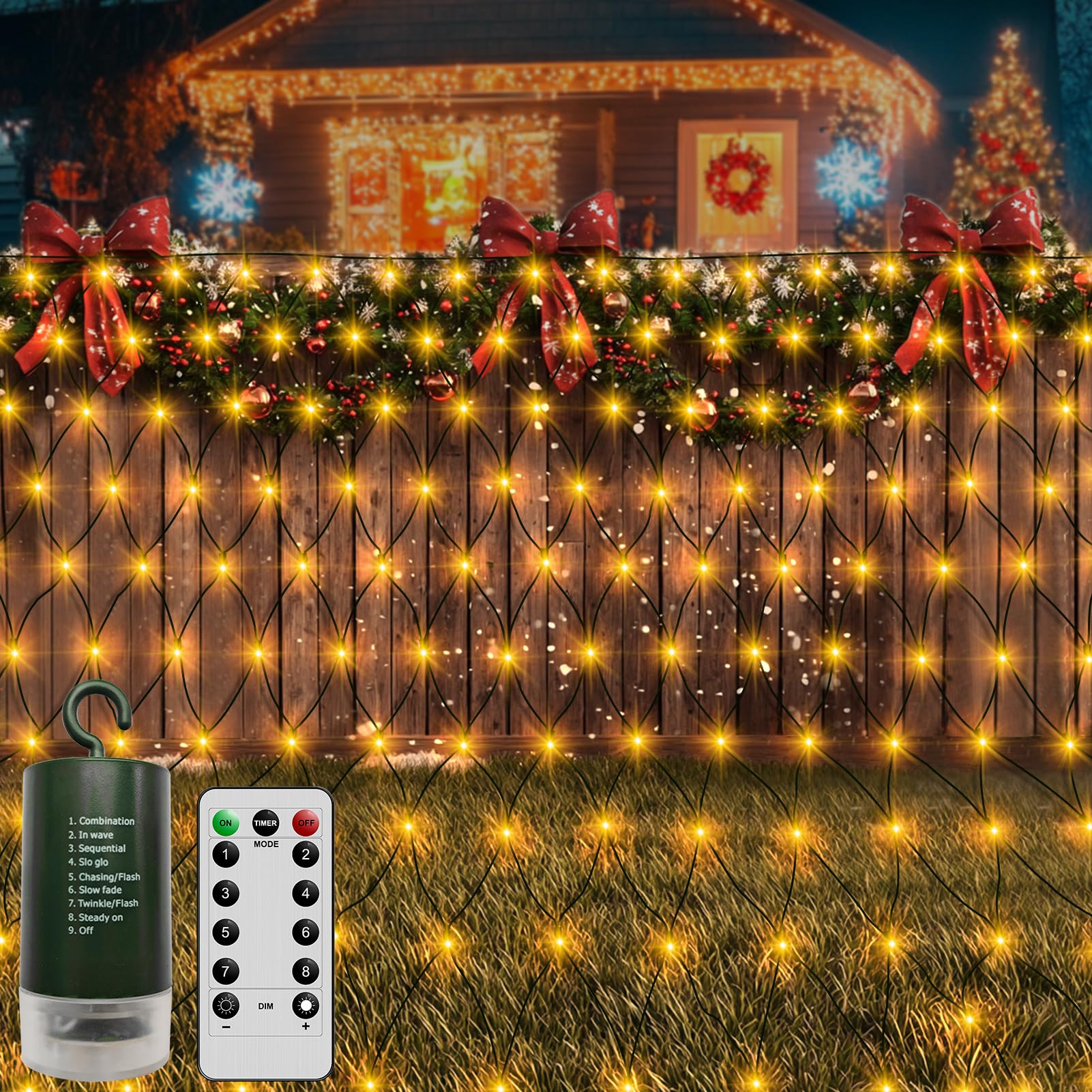 1.5m x 1.5m Garden Net Lights Outdoor Warm White, Waterproof Battery Operated with Remote, 8 Modes, Timer, Dimmable, 100 LED Curtain Mesh Fairy Lights String for Indoor Party Wedding Deck Decor