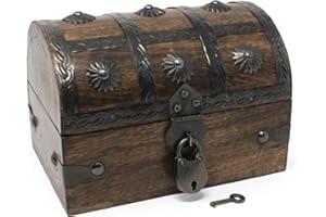 Nautical Cove Keepsake Wooden Treasure Chest with Antique Jewelry Lock and Key (Medium 6.5x4.5x4.5) – Decorative Box, Pirate Wooden Chest, Wood Box with Lid, Rustic Storage Chest