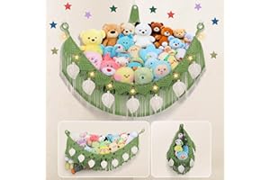 IHANSEE Stuffed Animal Hammock Corner, 56'' Large Boho Leaf Macrame Wall Mount Toy Hammock, Hanging Net Organizer for Teddy Plush, Avocado Green Nursery Toy Net w/Star Lights for Kid Girls Boys Gift