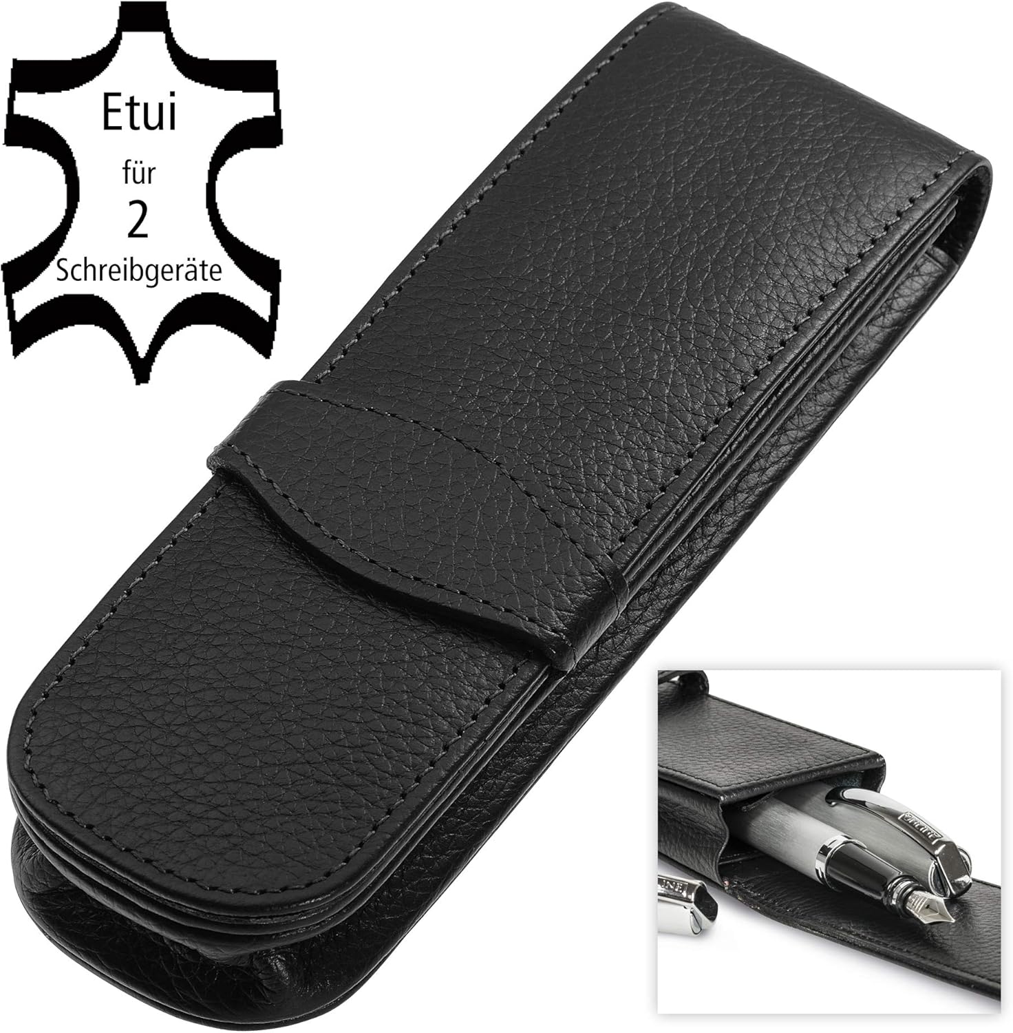 ONLINE Leather pen case, made of genuine leather, black, for two pens
