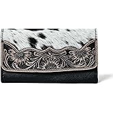 Merbaa Sundown Stash Tooled Leather Cowhide Hair On Trifold Wallet for Women RFID Blocking Wallet