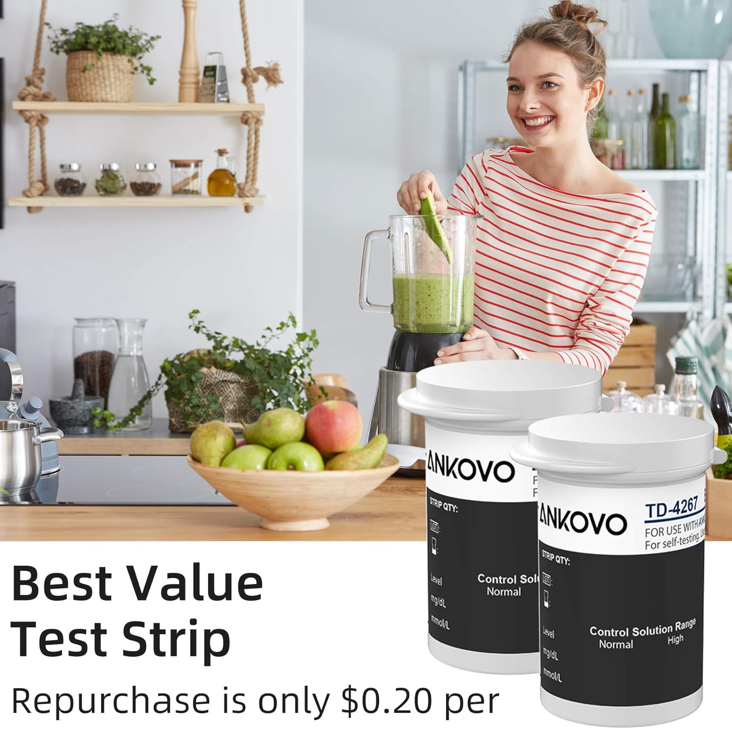 Blood Glucose Monitor Kit, ANKOVO Diabetes Testing Kit with Blood Glucose Meter, Control Solution, 100 Blood Test Strips, 100 Counts 30 Gauge Lancets and Carrying Case, Lancing Device, No Coding: Health & Personal Care