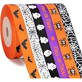 KINGLAKE 6 Rolls Halloween Ribbon 3/8'' x 60 Yds Black White Orange Purple | Grosgrain Ribbon Printed with Spider Ghost Bat Spider Web ''TRICK OR TREAT'' for Gift Wrapping Crafts Halloween Home Decor
