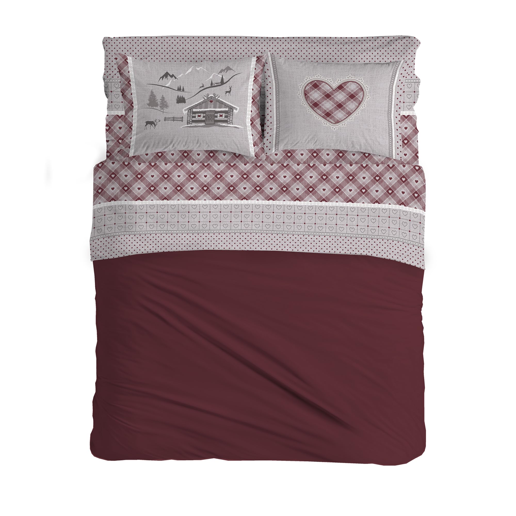 PENSIERI DELICATI Double Bed Set, 100% Cotton, Complete Double Bed Sheet Set, 180 x 200 cm, Including Bottom Sheet, Top Sheet and 2 Pillowcases, Made in Italy, Red Chalet Design