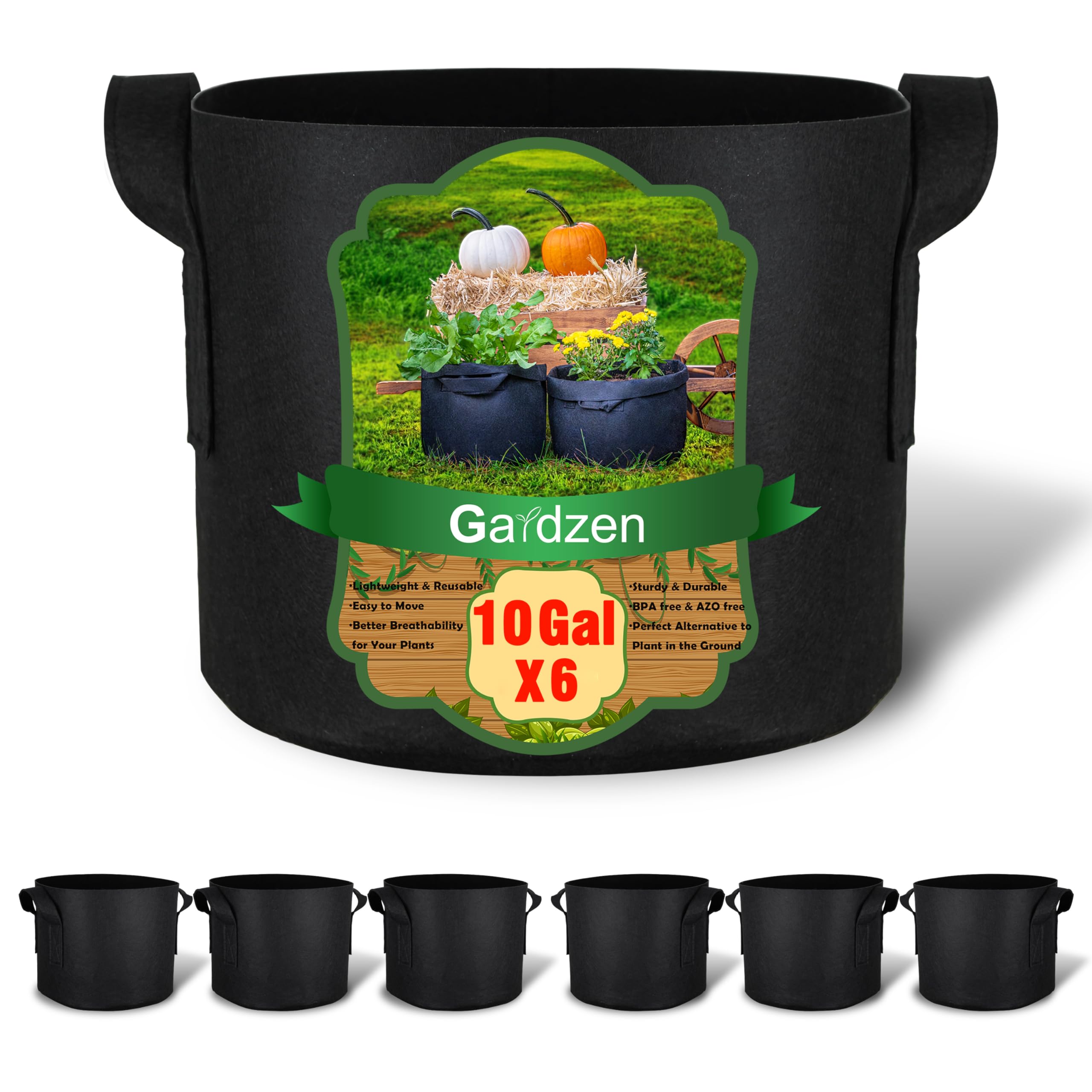 Photo 1 of Gardzen 6-Pack 10 Gallon Grow Bags, Aeration Fabric Pots with Handles, Heavy Duty Cloth Pots for Plants