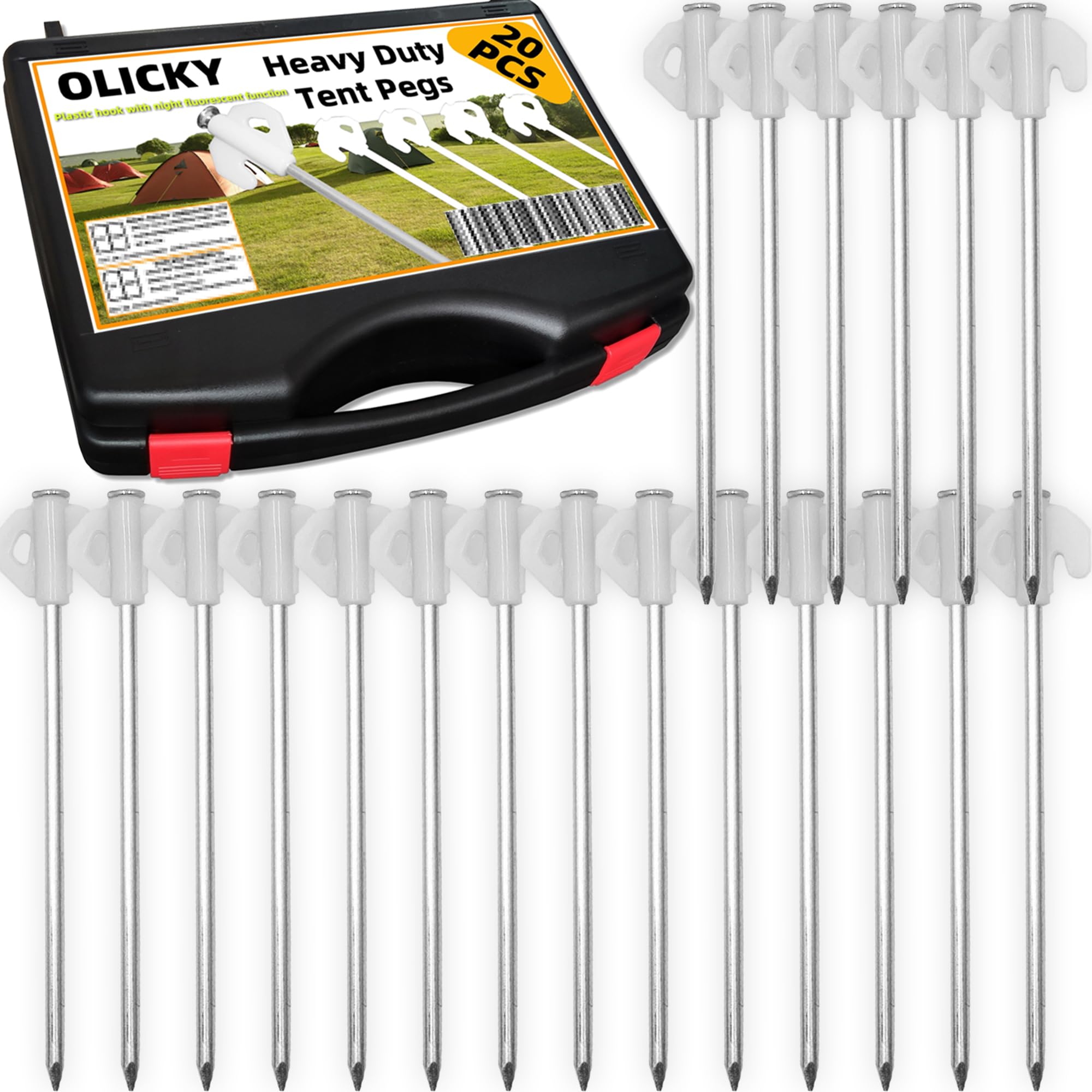 20 Pack Tent Pegs Metal Heavy Duty with Storage Case, Tent Hooks Camping Hard Ground Pegs for Outdoor and Tarpaulin, Awning Pegs