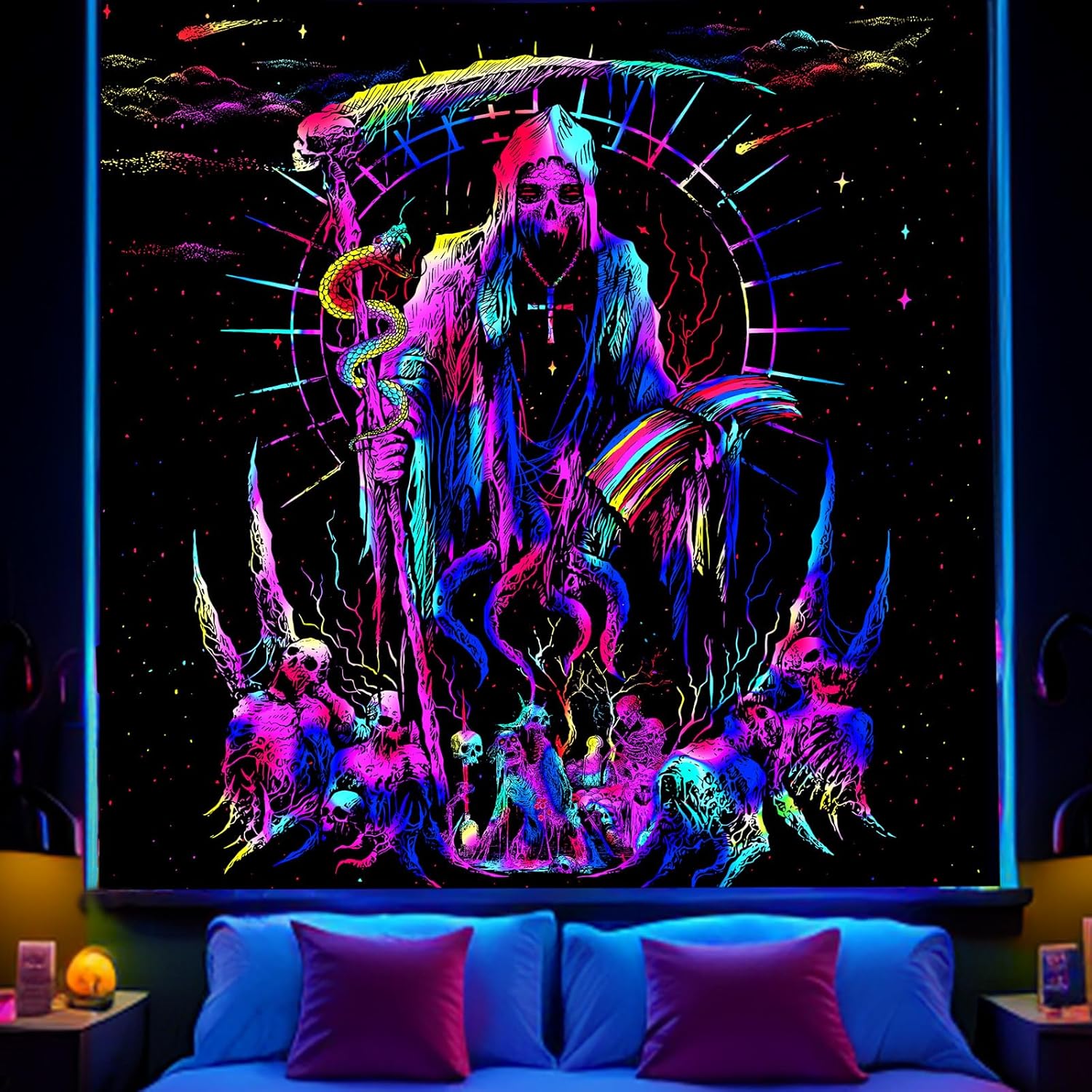Tapestries - Avinyl Blacklight Skull Tapestry for Bedroom, Black Light Grim Reaper and Skeleton Tapestries for Halloween Decor, UV Reactive Cool Gothic Wall Hanging for Men Living Room Dorm Decor (51in x 60in)