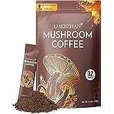 Mushroom Coffee for Boost Energy, Organic Instant Coffee Powder with 6 Adaptogenic Mushrooms (Lion's Mane, Reishi, Cordyceps & More), Focus & Immune Support, Low Caffeine, Travel-Friendly 32 Sticks