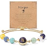 Raicegs Zodiac Bracelets for Women 18K Gold Plated Natural Stone Zodiac Sign Bracelets Gemstone Beads Healing Crystal Bracelets Constellation Horoscope Jewelry Gifts