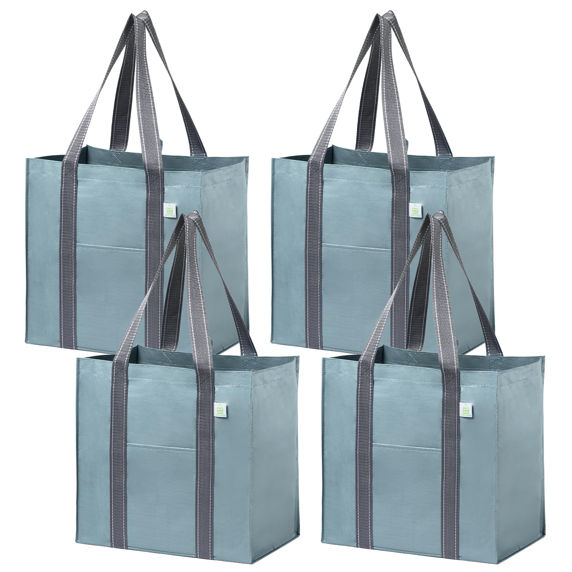 VENO 4 Pack Reusable Grocery Bags, Heavy-Duty Shopping Bags with Handles, Bags for Shopping Cart with Hard Bottom to Stand Upright, Foldable, Multi-Purpose(Light Blue, 4 Pack)