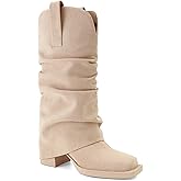 XBKXMK Suede Fold over Boots Square Toe Chunky Block Heel Mid Calf Boots Pull on Cowboy Cowgirl Western Slouchy Ankle Booties