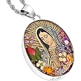 Virgin Mary Necklace Lady of Guadalupe Pendant 925 Sterling Silver with 20" Stainless Steel Chain Medalla Virgen Maria Miraculous Mary Medal Pressed Flower Catholic Religious Gift Jewelry -Handmade by