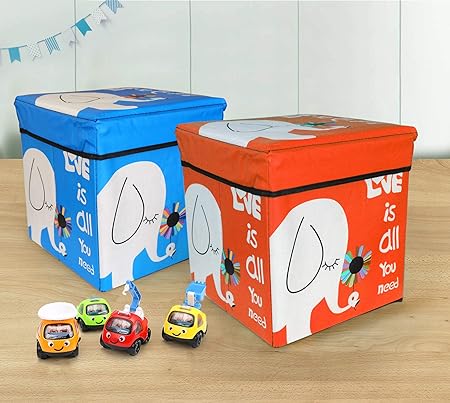 TIED RIBBONS Set of 2 Toys Storage Box for Kids Plastic Stool for Kids Room Under Lid Padded Seat (30 cm X 28.5 cm X 28.5 cm, Multicolor)
