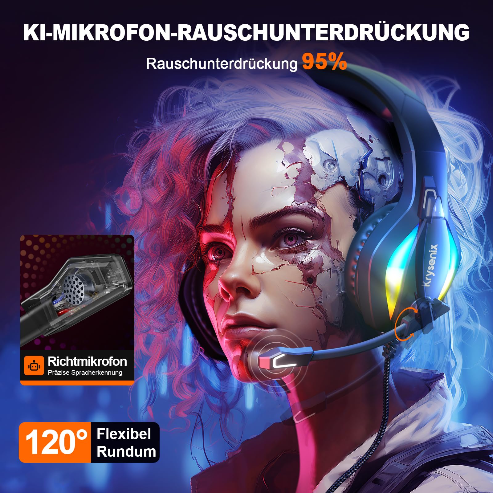 Krysenix PG1 RGB Gaming Headset für PS4, PS5, PC, Nintendo Switch, Xbox, Headset mit Mikrofon, Gaming Kopfhörer mit Mikrofon, Noise Cancelling Kopfhörer mit 3.5mm Klinke Schwarz 3