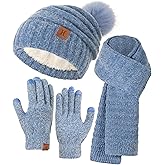 Hat Gloves Scarf Set For Women, Womens Winter Hats Fleece Lined Slouchy Beanie With Pom Scarf Thermal TouchScreen Gloves Sets