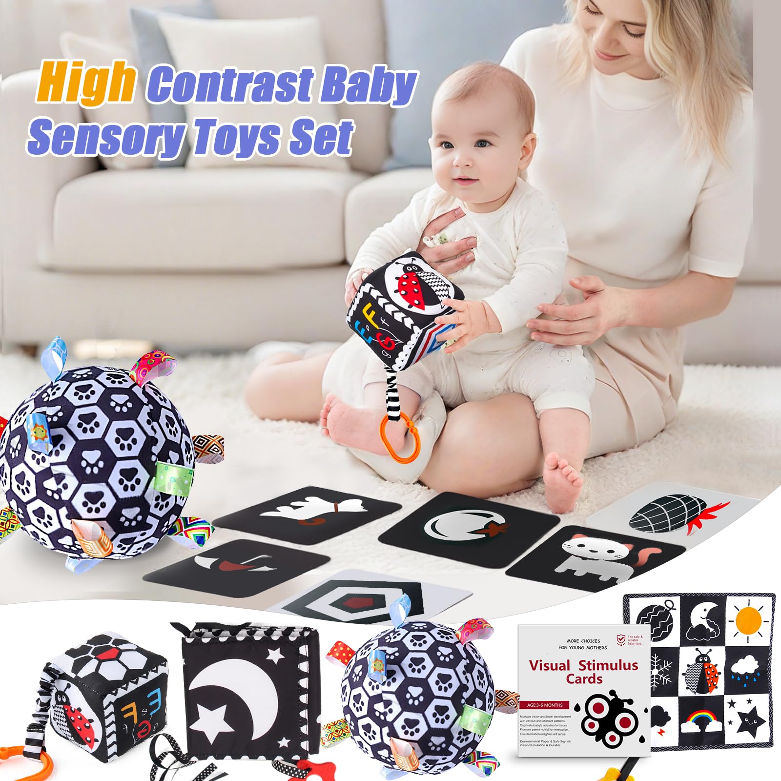 Black and White Sensory Toys for Babies, Montessori High Contrast Newborn Toys for 0-6-12M Baby Brain Development Early Learning Newborn Brain Development Toddlers Kids Gifts