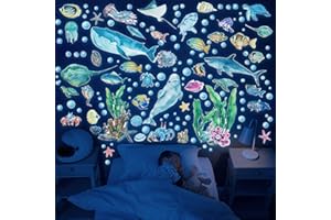 HSDSH Glow in The Dark Ocean Fish Wall Decals,Under The Sea Wall Stickers Decals Decor Luminous Sea Life Animals Waterproof Stick Wall Decal for Kids Boys Bedroom Watercolor Creatures Decor (Ocean)