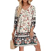 Zeagoo Womens Boho Dresses Casual Beach Summer Dress Tassel Tie Neck 3/4 Long Sleeve Mini Sundress 2025 Floral Print Cover Up