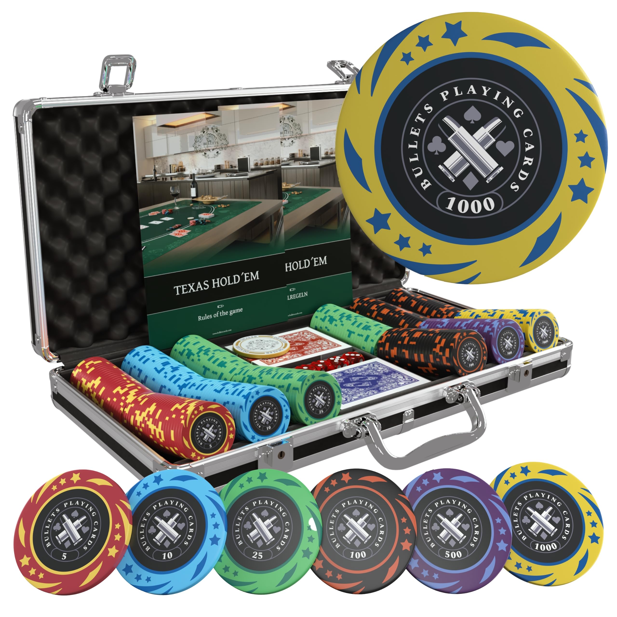 Bullets Playing Cards, Janice Poker Set with 300 Plastic Poker Chips with Values, Includes Ceramic Dealer Button and Poker Cards