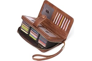GAEKEAO Leather Credit Card Holder Wallet for Women RFID Blocking Large Capacity Bifold Zipper Card Case Organizer with Wristlet 45 Slots