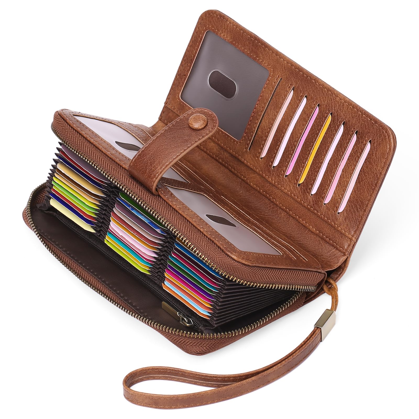 Photo 1 of GAEKEAO Leather Credit Card Holder Wallet for Women RFID Blocking Large Capacity Bifold Zipper Card Case Organizer with Wristlet 45 Slots