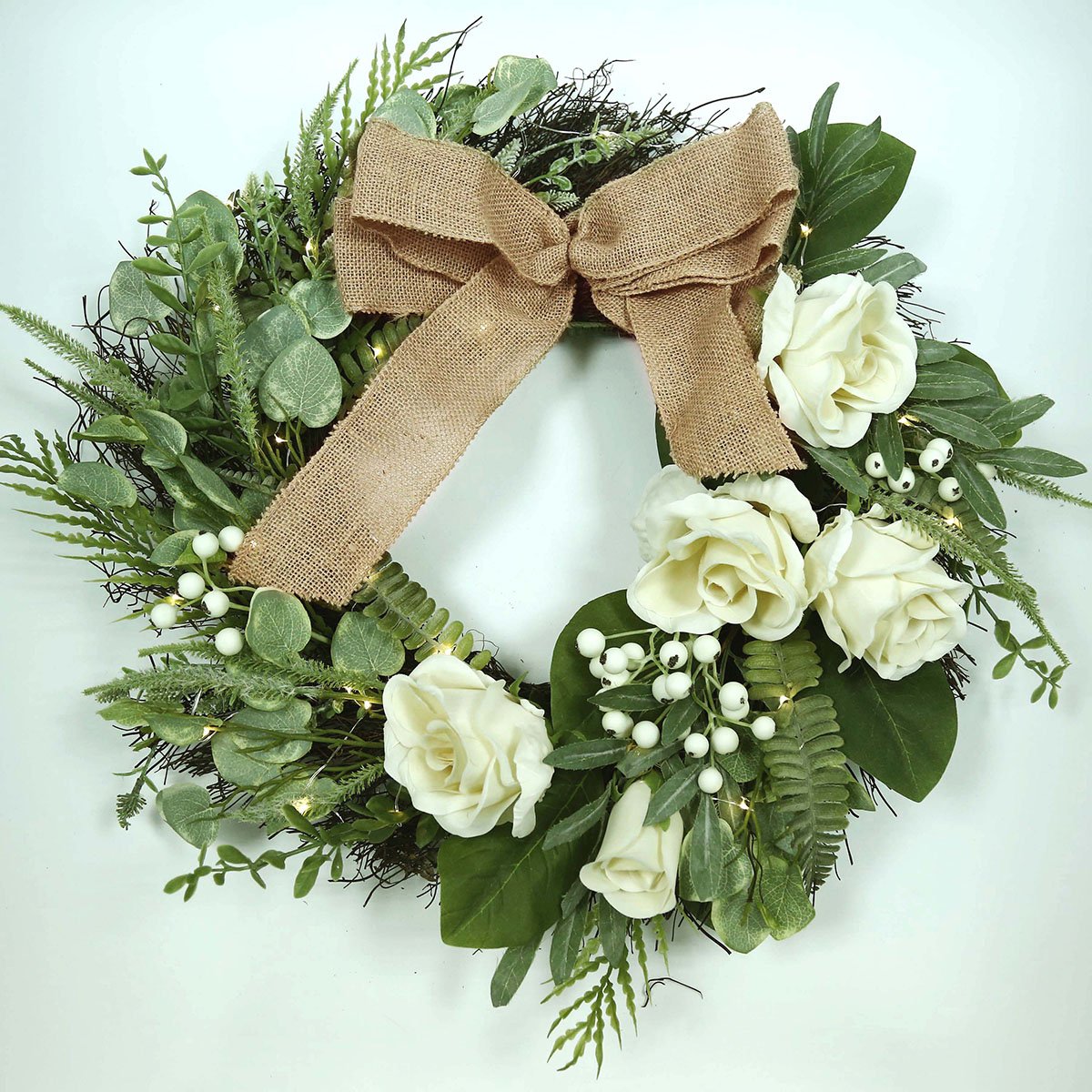 Artificial Outdoor Wreath With Lights 19 Inch Handcrafted Wreaths for Winter Home Decor, Green Front Door Wreath for Garden (Rose)
