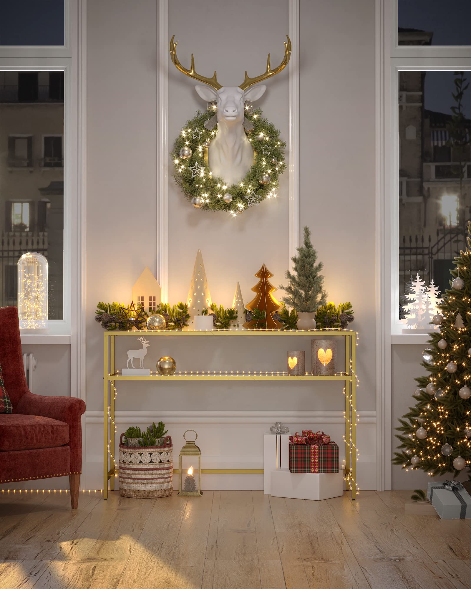 47.2 Inch Console Sofa Table, Modern Entryway Table, Tempered Glass Table, Metal Frame, 2 Shelves, Adjustable Feet, for Living Room, Hallway, Gold Color ULGT045A61 VASAGLE 47.2 Inch Console Sofa Table, Modern Entryway Table, Tempered Glass Table, Metal Frame, 2 Shelves, Adjustable Feet, for Living Room, Hallway, Gold Color ULGT045A61