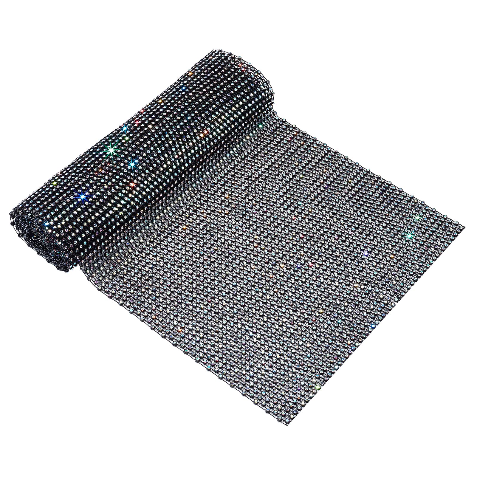 FINGERINSPIRE Rhinestone Mesh Fabric (21.6x91.4cm) Black Glitter Rhinestone Net Fabric Stretchable Cuttable Hollow Mesh Fabric with AB Crystal Rhinestones for Clothes, Backpack Pocket, Trunk Lining