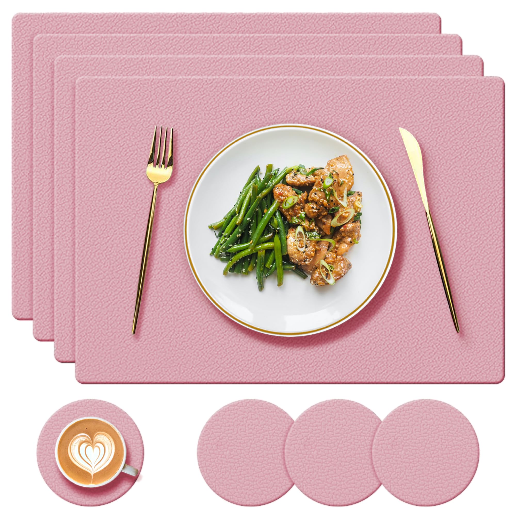 YUNJUER 4 Silicone Placemats + 4 Washable Coasters, Heat-Resistant 450 °F, Non-slip Waterproof Wipeable Place Mats for Restaurant, Indoor Kitchen, Outdoor Dining Table, 8 Pieces, Pink