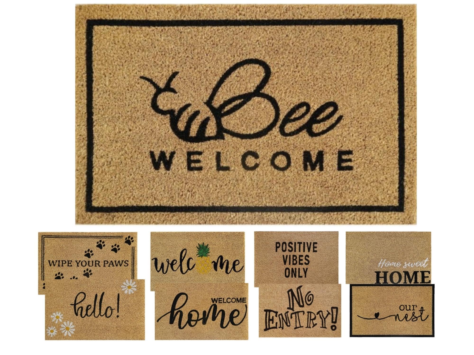 MYPURECORE Coir Door Mat (60x40cm) - Non-Slip & Absorbent, Indoor/Outdoor, Eco-Friendly - Ideal as Front Door, Entrance, Floor, Welcome Mat - Large Size, Dirt Trapper, Washable (BEE WELCOME)
