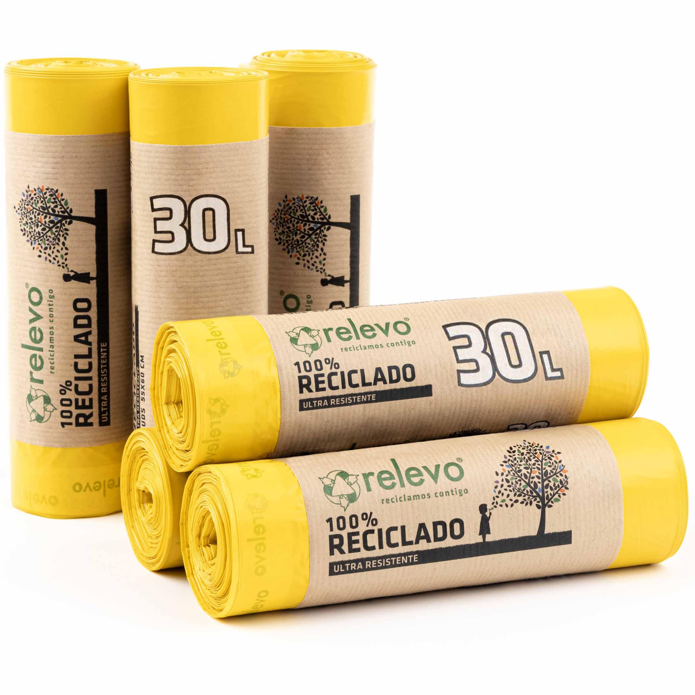 Relevo 30 Litre Bin Bags – Made from 100% Recycled Material and can be used as Recycling Bags. Dimensions: 55 cm x 60 cm. Includes 90 units of 30L Bin Liners