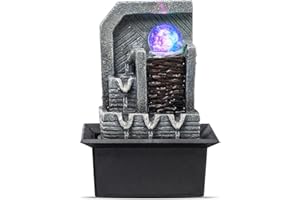 AMOOTEK Tabletop Fountain, Indoor Waterfall, LED-Lights Table Style Water Feature with Rotating Sphere Zen Meditation Home Decor & Office Relaxation