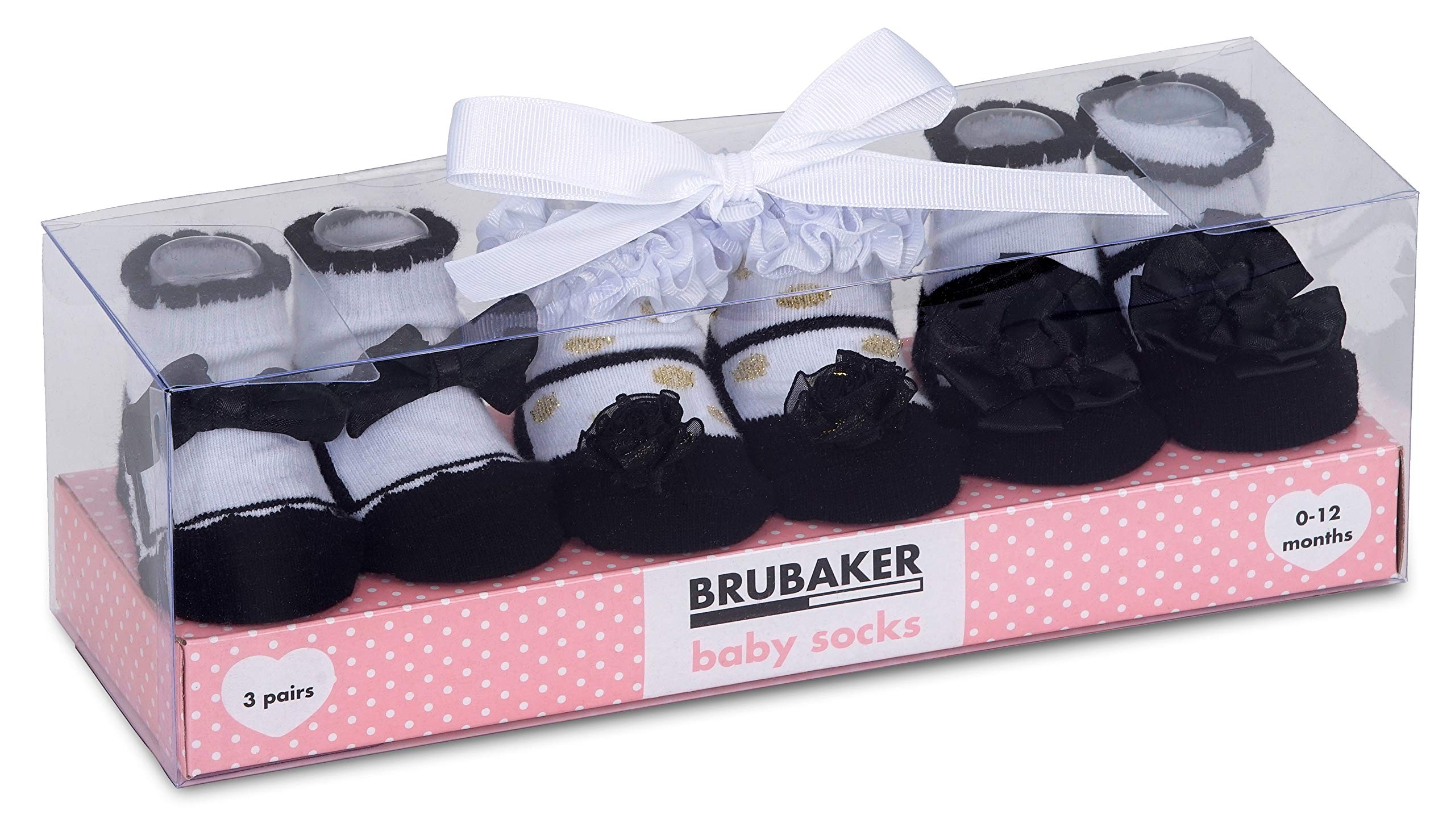 BRUBAKER 3 Pairs of Baby Socks Girls 0-12 Months - Festive Socks Black/White - Newborn Gift Set for Infant - Cotton