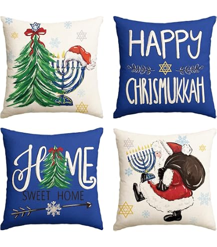 Happy Hanukkah & Merry Christmas Throw Pillow Cover - 18x18 Inch Linen Square Cushion Case - View #9