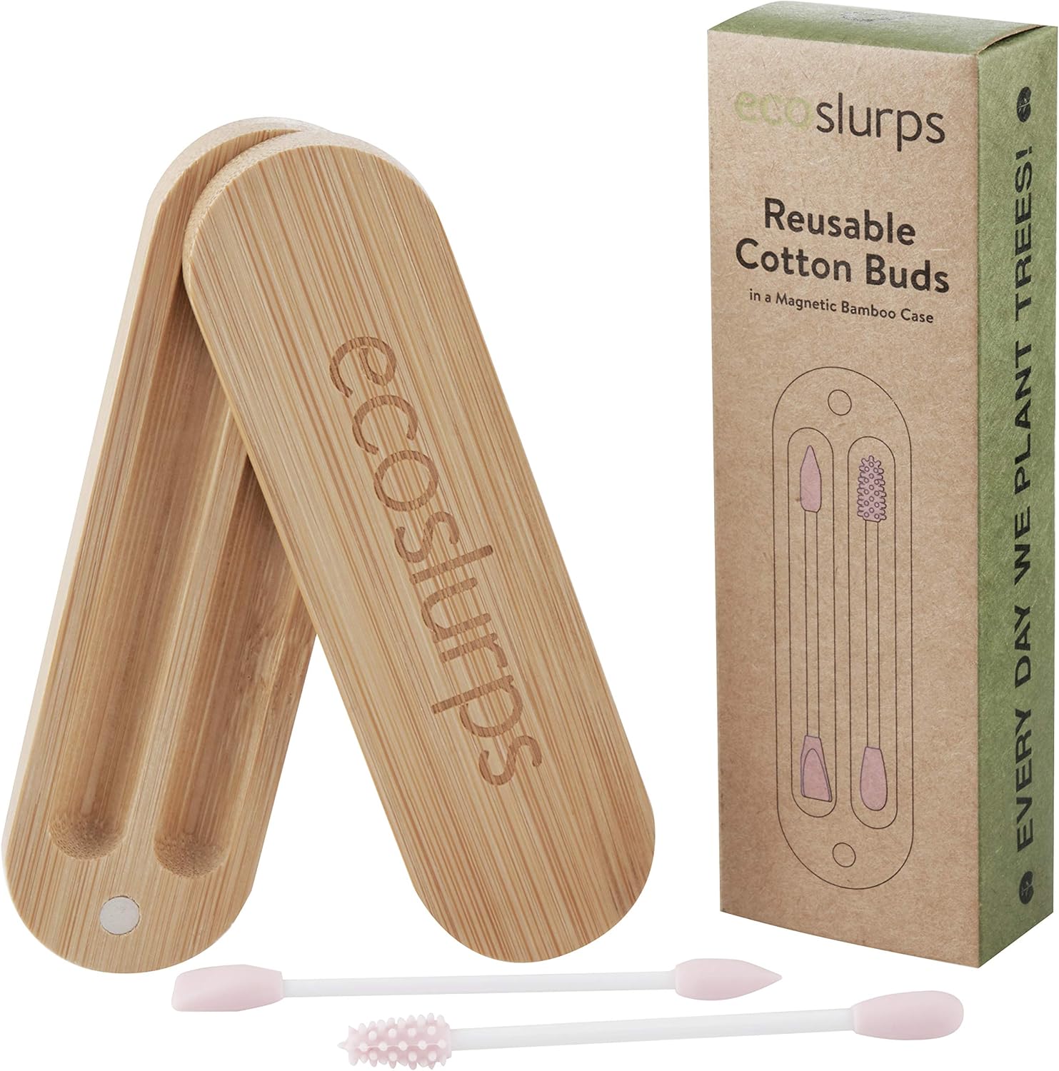 EcoSlurps Reusable Cotton Buds In Magnetic Bamboo Case, Pink, 2