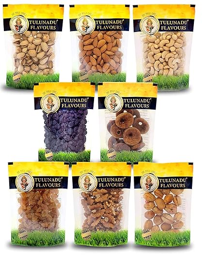 Tulunadu Flavours Dry Fruits Combo Pack 800gms, Cashew nut, Black Raisins, Golden Raisins, Almonds, Pista, Walnut, Afghani Apricot, Anjeer