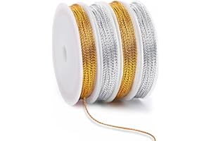 JUNEBRUSHS 87 Yards Christmas Metallic Ornament String, Gold Silver Cording String Hanger for Crafts Ribbon Metallic Cord for Ornaments Hanging Decoration Jewelry Making Gift Wrap
