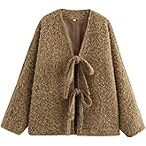 Perbai Women's Tie Front Bow Cardigan Jacket Fuzzy Wool Blend Long Sleeve Batwing Oversized Winter Trench Coats