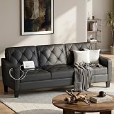 83" Black Faux Leather 3 Seater Couch, Mid Century Tufted Sofa Living Room | STHOUYN Office Couch, Tufted Design, High Resilience Foam, 700 lb Capacity, Easy Assembly, Waiting Room Area, Small Couches