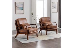 DEOLME Mid Century Modern Accent Chair Set of 2 Living Room- Comfy Solid Wood Arm Chair with Lumber Pillow Lounge Decorative Brown Leather Office Side Chair Bedroom Reading Nook Sillas De Sala Microfiber