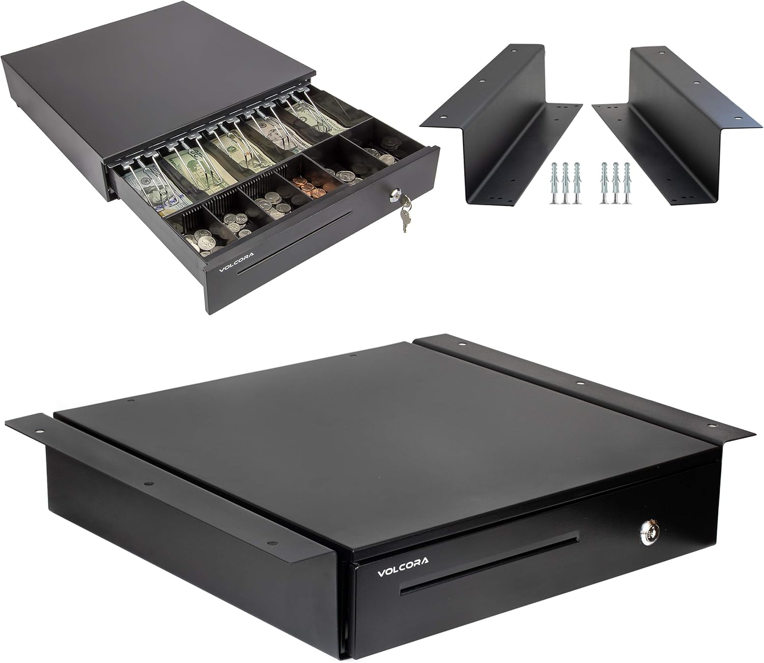 Cash Register Drawer with Under Counter Mounting Metal Bracket - 16” Black Cash Drawer for POS, 5 Bill 6 Coin Cash Tray, Removable Coin Compartment, 24V RJ11/RJ12 Key-Lock, Media Slot - For Businesses : Electronics